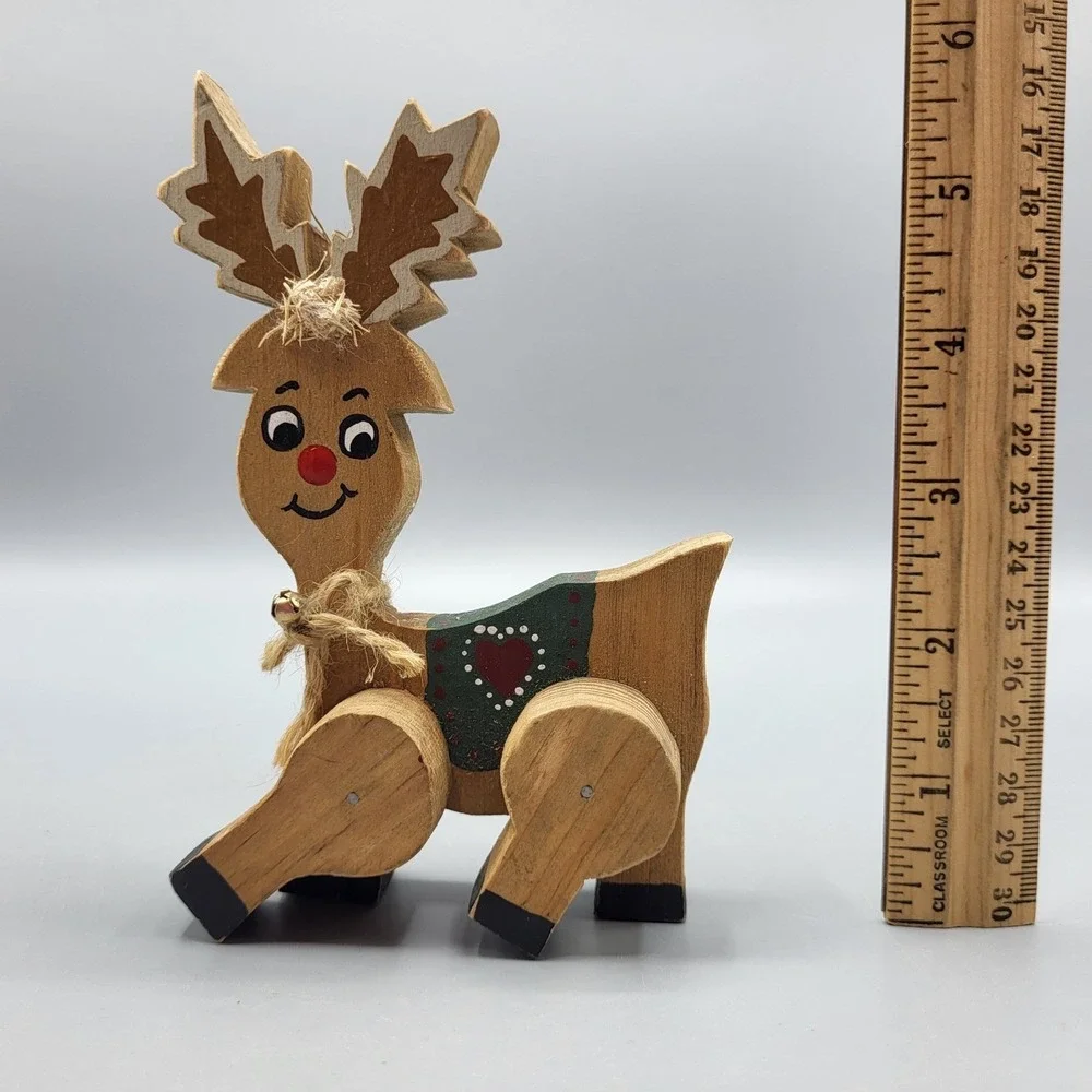 Vintage Wooden Red Nose Reindeer Figurine Holiday Decor Small Rustic Folk Art